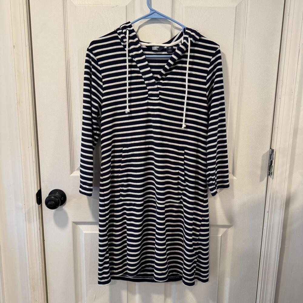 Lands’ End Navy White Striped Hooded Swim Cover‑Up XS NWT